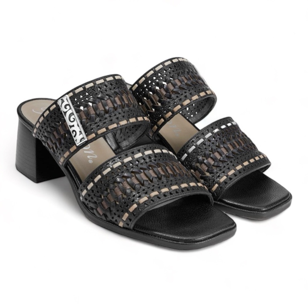 BRIGHTON Tonia Black Sandals Wedge Heels size 8 1/2 8.5 Leather Shoes Silver